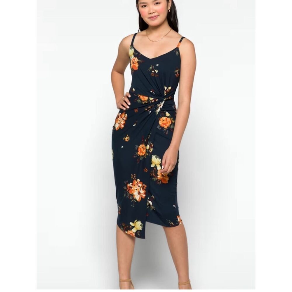 NINE BRITTON Floral Brushed Knit Midi Dress Size Medium Ruched Navy Blue Peach